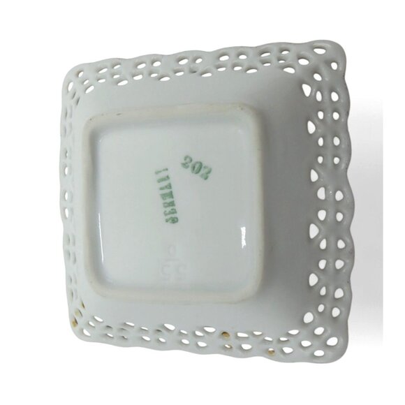 SQUARE Floral RETICULATED Small Bowl Dish Gold Accents Germany Vintage - Picture 8 of 8